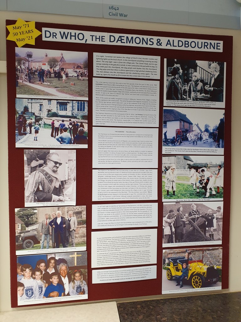 Information board in the museum showing text and images about the filming of Doctor Who in May 1971