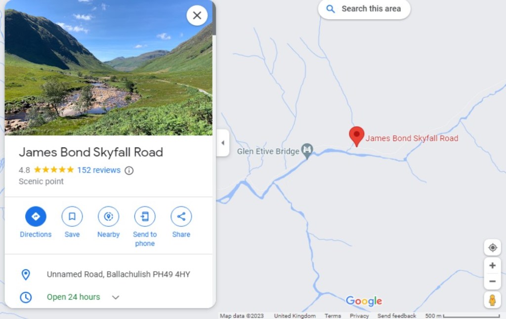 Screengrab of section of Google Maps showing the location of the James Bond Skyfall road