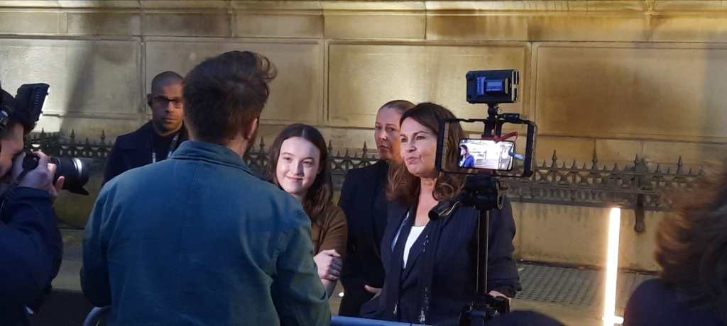 Bella Ramsey and Julie Graham being interviewed at Time 2 premier in Liverpool